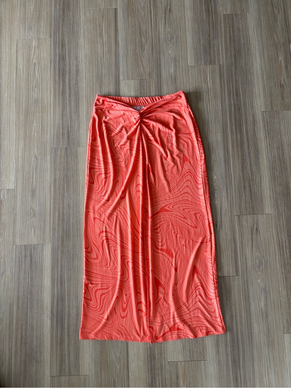 SO High Rise Maxi Skirt Orange Groovy Print Stretch Pull On Womens XL Boho 70s